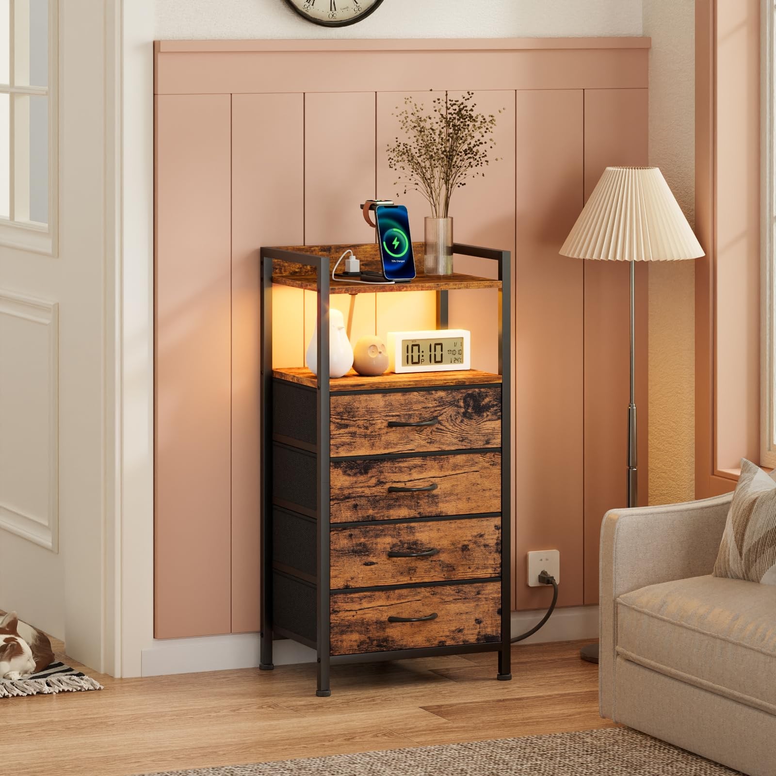 4-Drawer Nightstand w/ Charging Station LED - Rustic Brown Bedside Table