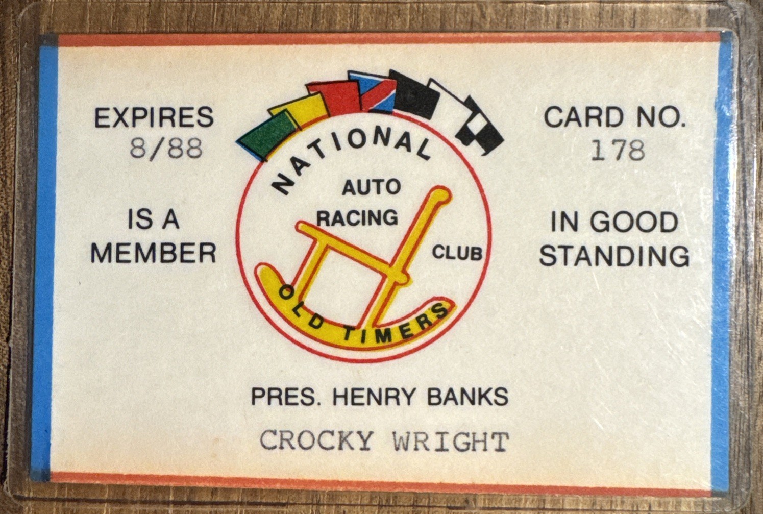 1988 Oldtimers Auto Racing Club Membership Card, Writer/Historian Crocky Wright