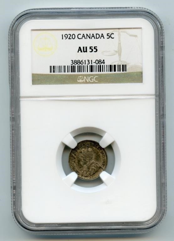 1920 Canada 5 Cents Silver Coin NGC AU55