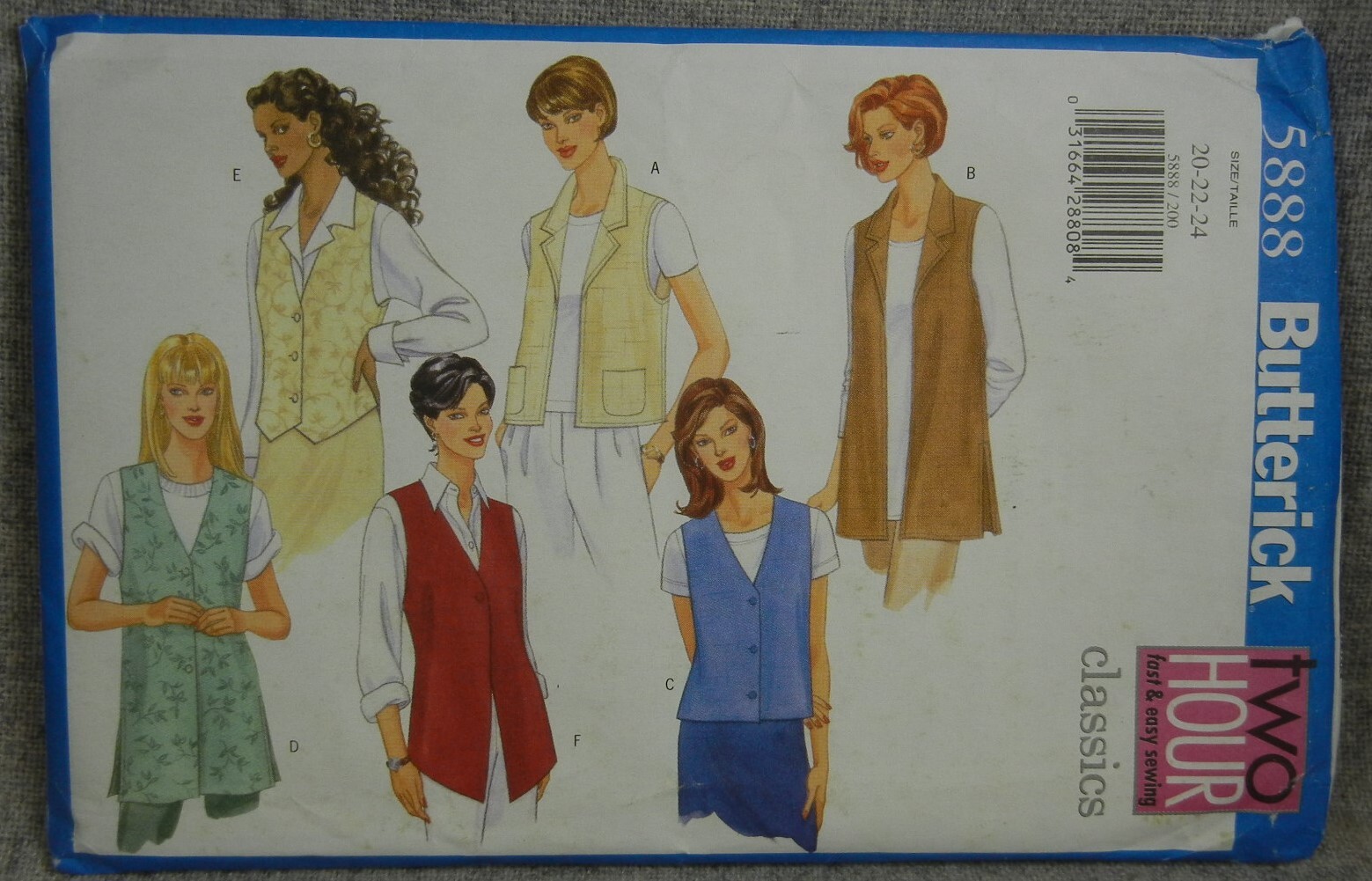 Butterick 5888 Misses Miss Petite Vest semi fitted size 20 22 24 Plus Uncut