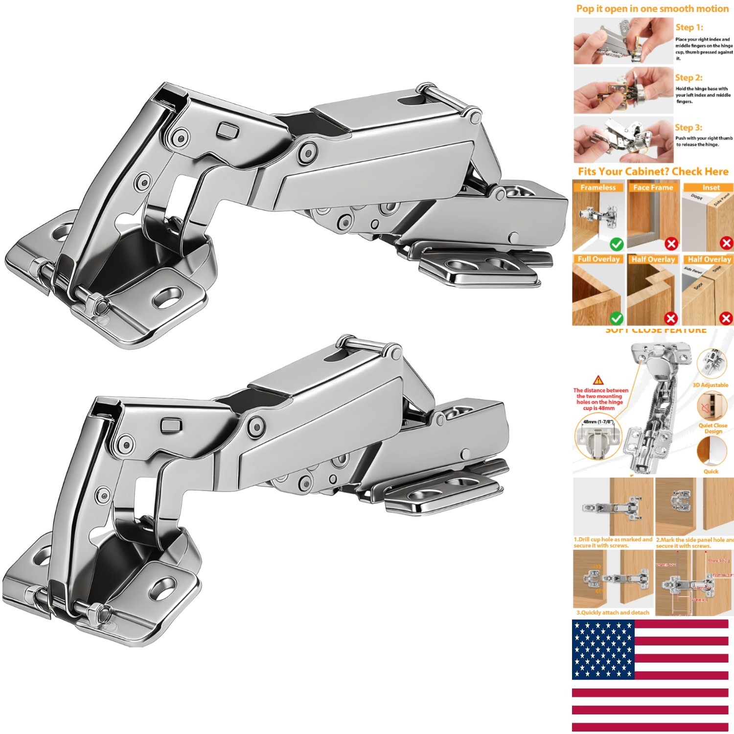 Adjustable 175° Soft Close Hinges in Nickel-Plated Steel – 48mm Spacing, 2 Pcs