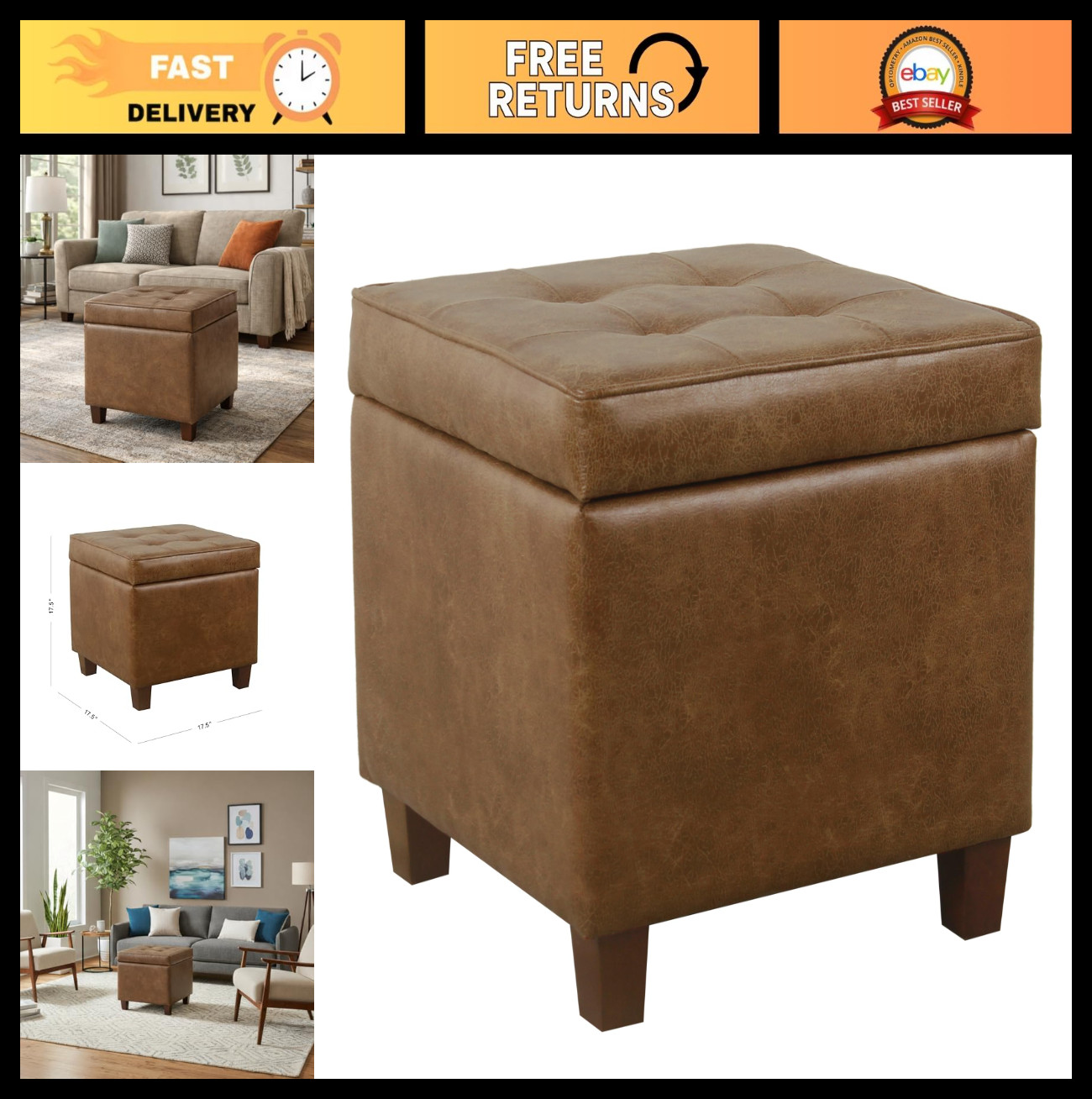 Square Tufted Storage Ottoman - Distressed Brown Faux Leather, Small, Versatile