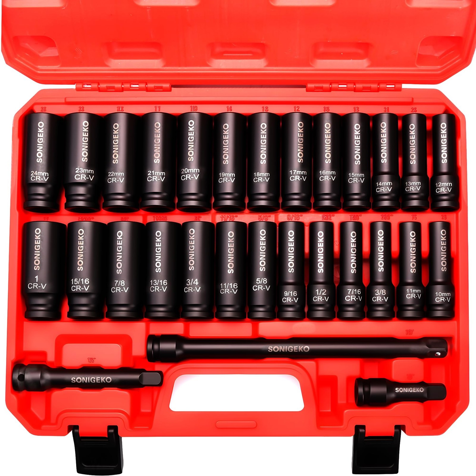 29-Piece 1/2" Drive Impact Sockets Set, 6 Point Deep Standard SAE and Metric ...