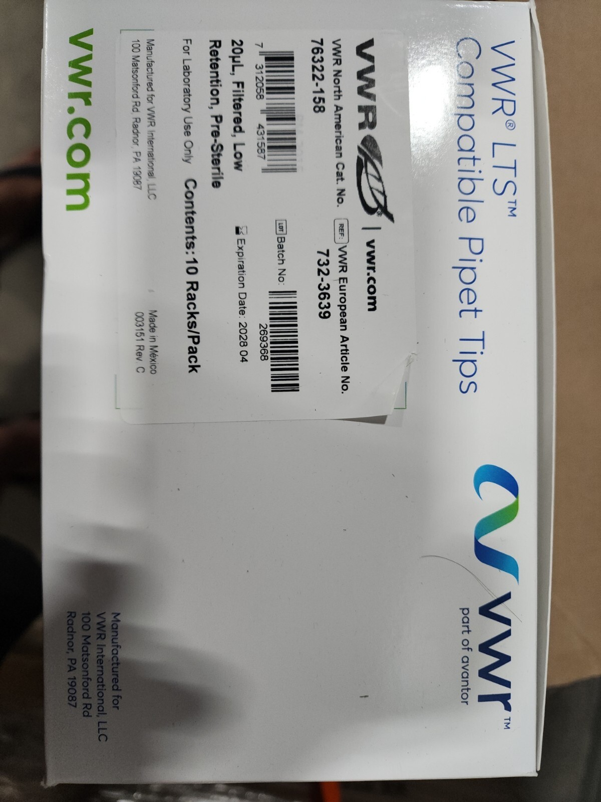 VWR LTS Compatible Pipet tips 20uL Filtered Low Retention 10 Racks/Pk 76322-158