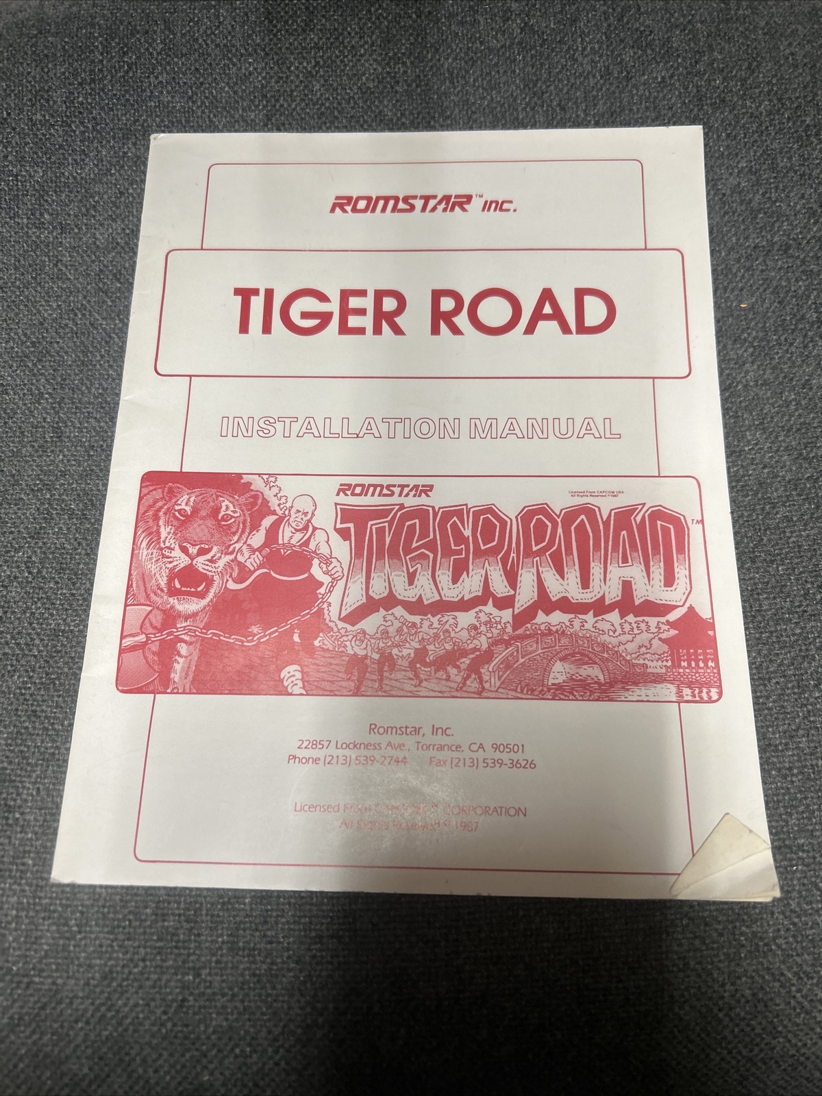 Romstar TIGER ROAD Arcade Video Game Manual - good used original