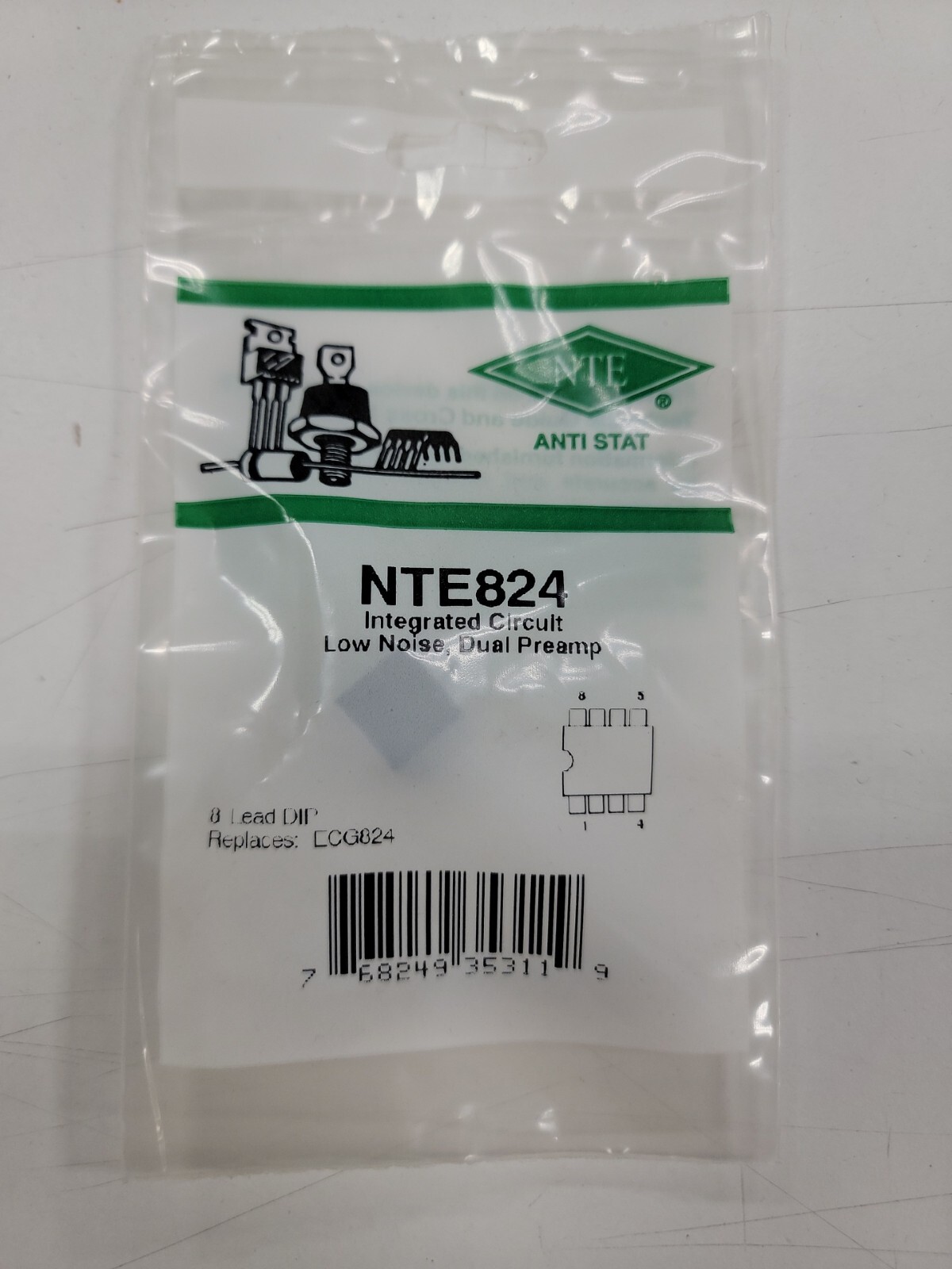 NTE 824 INTEGRATED CIRCUIT LOW NOISE DUAL PREAMP 8 LEAD DIP