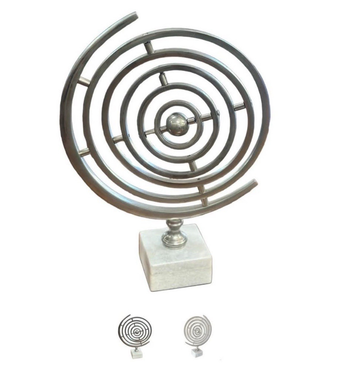 Chrome Finish Metal & Marble Armillary Sphere Sculpture w/ Base 20x15 in