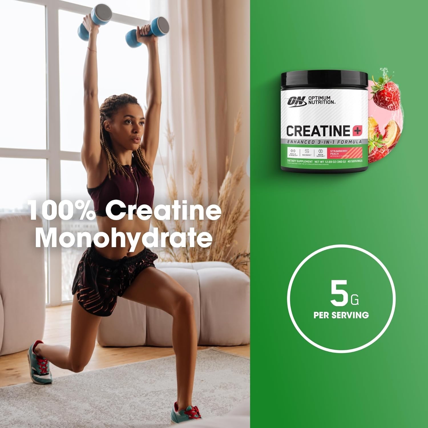 Creatine Monohydrate Plus Powder, Strawberry Peach Flavored Creatine Performa...