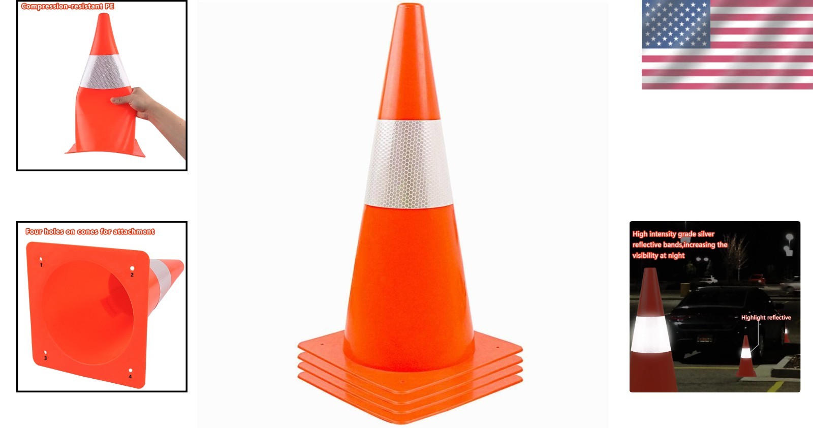 Stackable 12-inch Traffic Cones with Reflective Collars - Multi-Use Pack of 4
