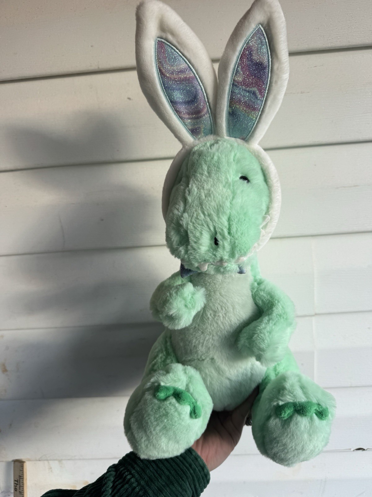 FAO Schwarz plush Green T-Rex Dinosaur Sparkle Bow Easter bunny ears 16" Cute