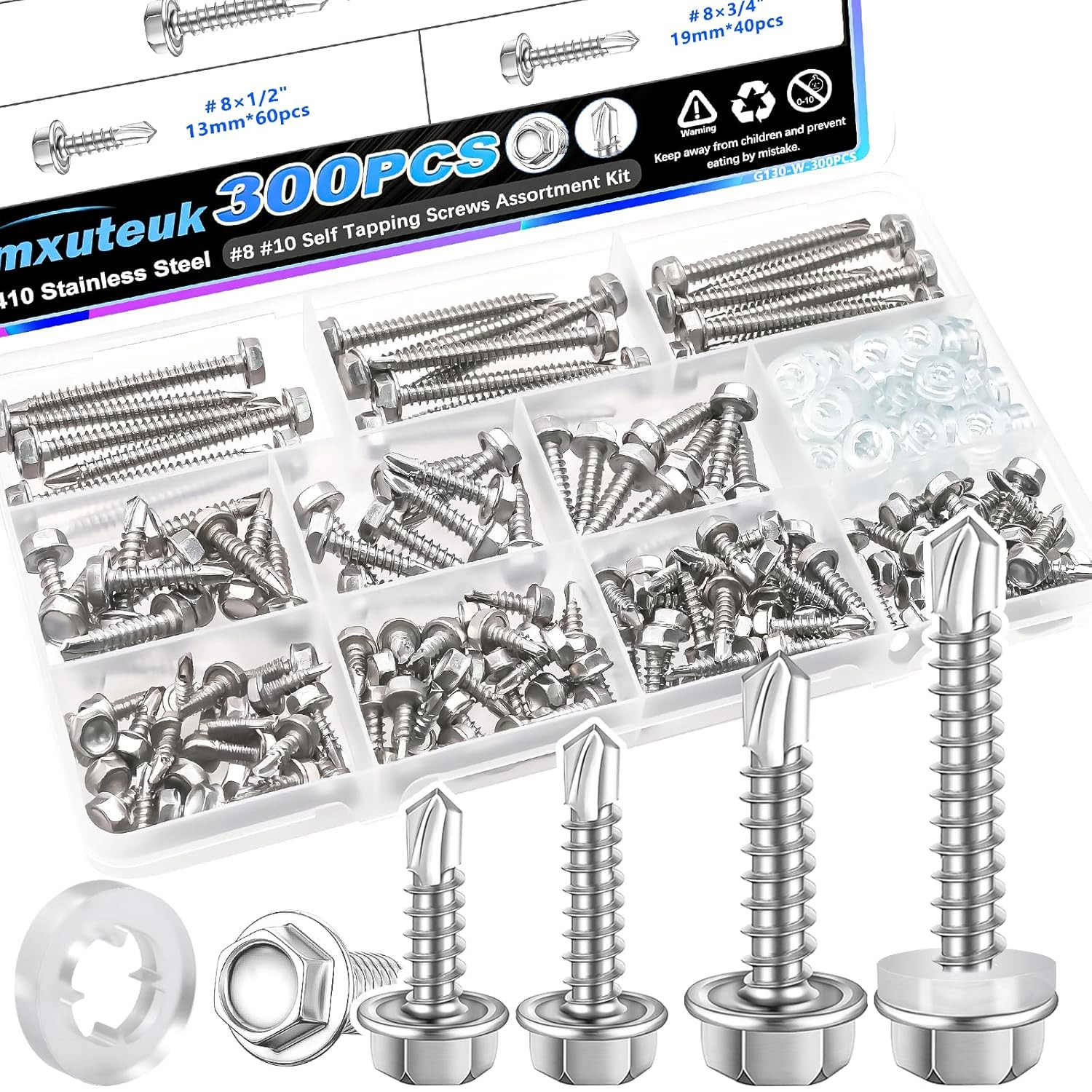 300PCS #8#10 Self Tapping Screws for Metal,410 Stainless Steel Self Drilling Scr