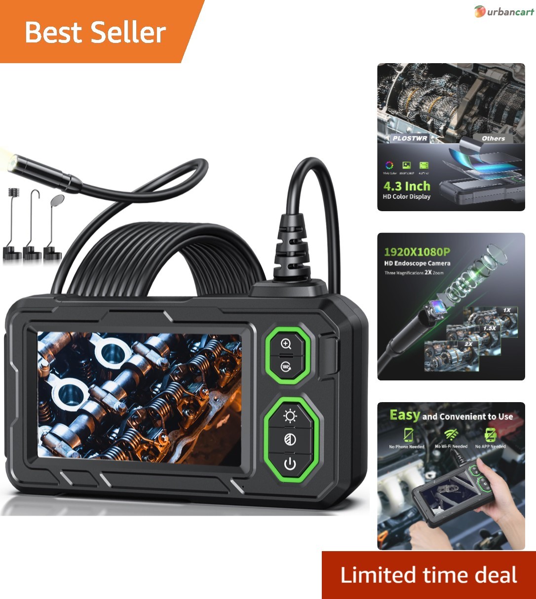 4.3-Inch 1080P HD Waterproof Endoscope with Flexi-Fiber Cable & 8 LEDs