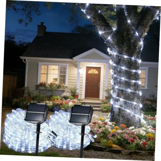 Solar Rope Lights for Outside, 2 Packs Total 66ft 200 LED Solar 2x33ft White
