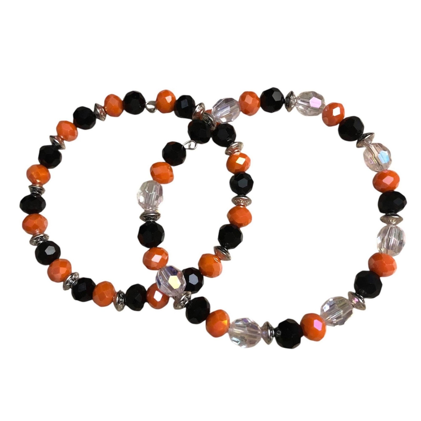 Beaded Bangle Bracelets Pair Handmade Black and Orange