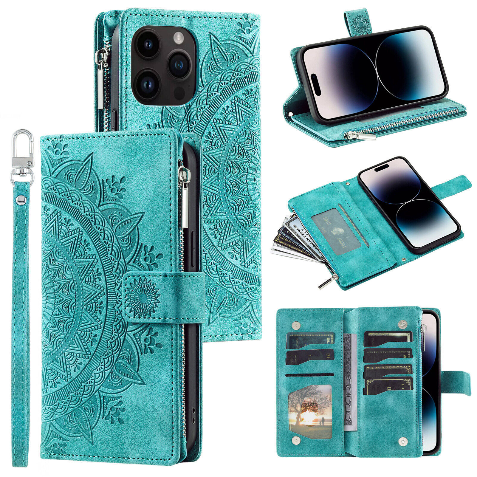 Zipper Leather Wallet Card Embossed Phone Case For iPhone 16E 13 15 17 Pro Max