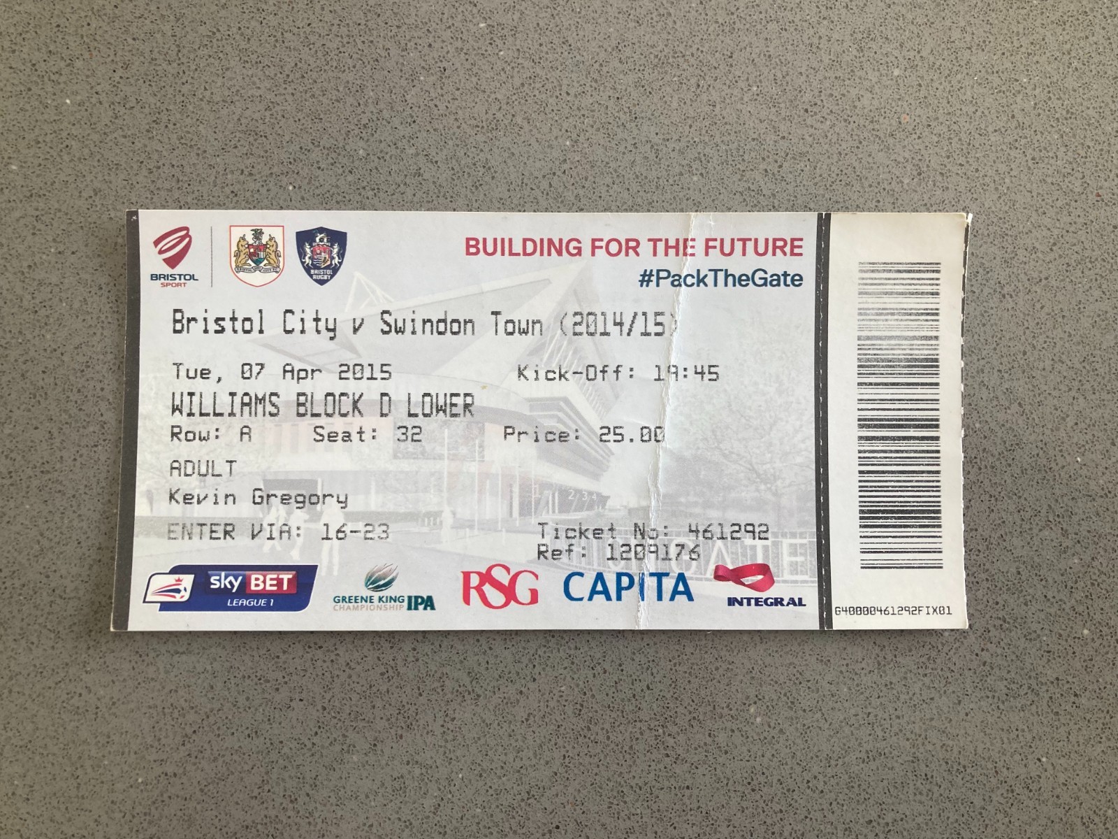 Bristol City v Swindon Town 2014-15 Match Ticket