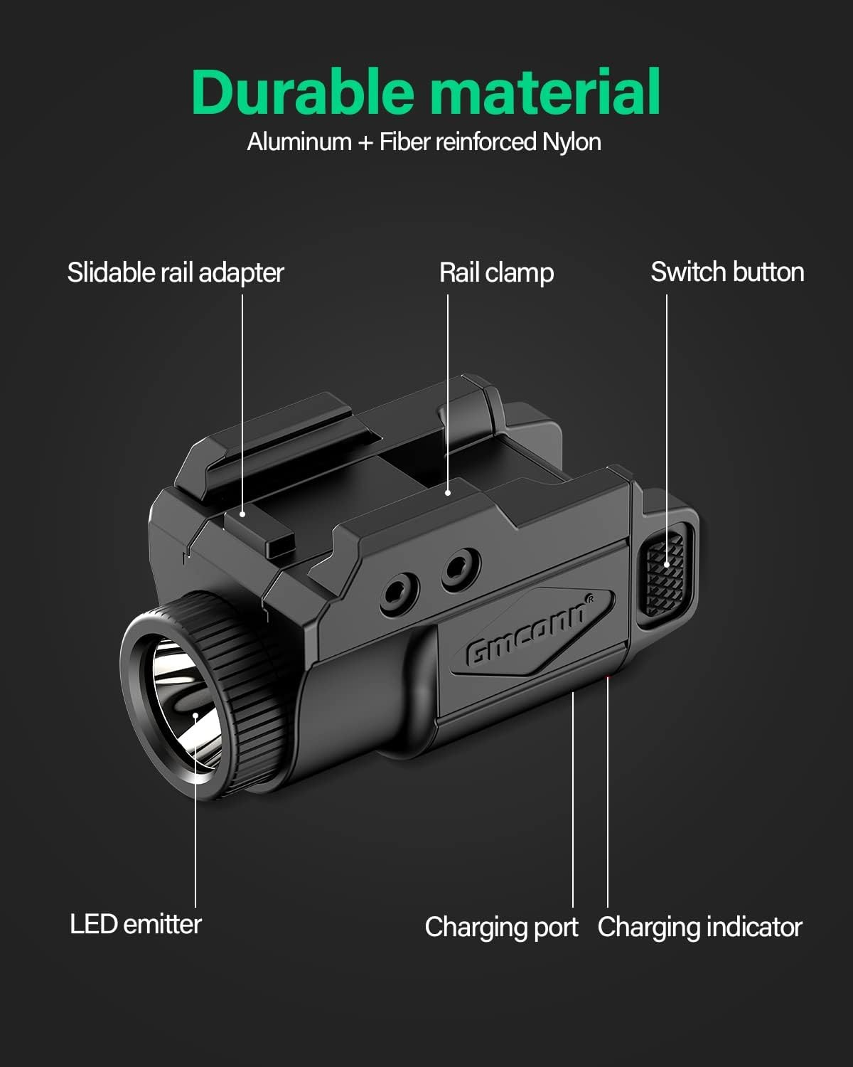 Gmconn 700 Lumen Pistol Light, Compact Adjustable Rail Mounted Flashlight Mini W