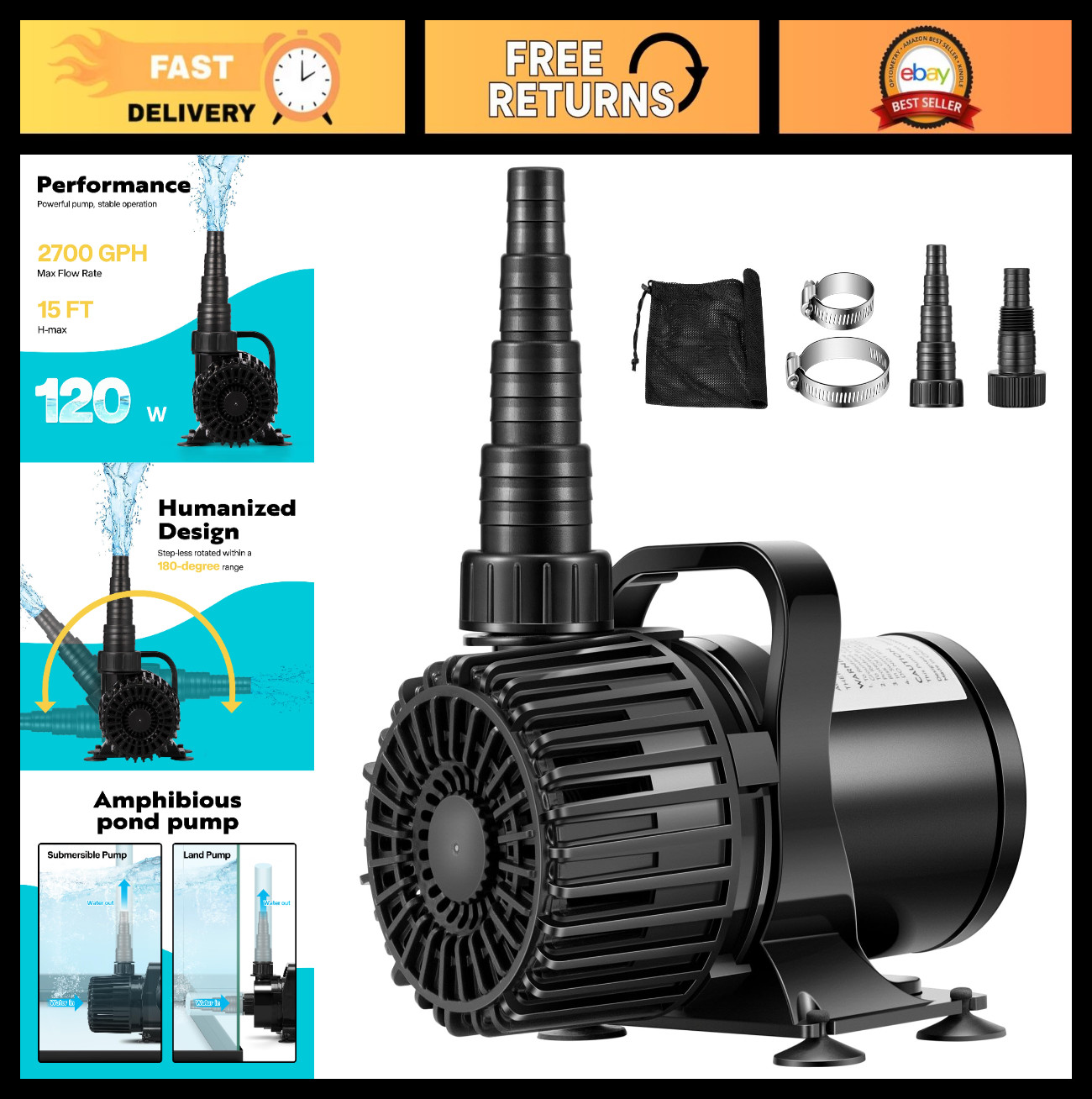 120W Submersible Water Pump 2700GPH with Adjustable Nozzle & Barrier Bag for Pon