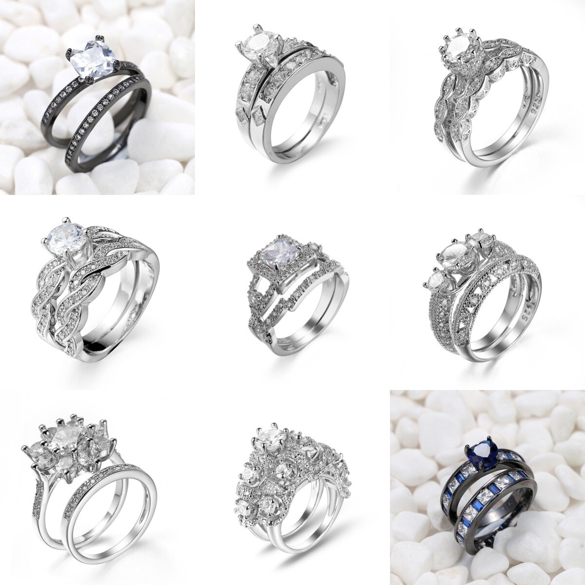 9 Styles Womens Fashion Zircon Band 925 Silver Wedding Party Ring Sets Size 6-10