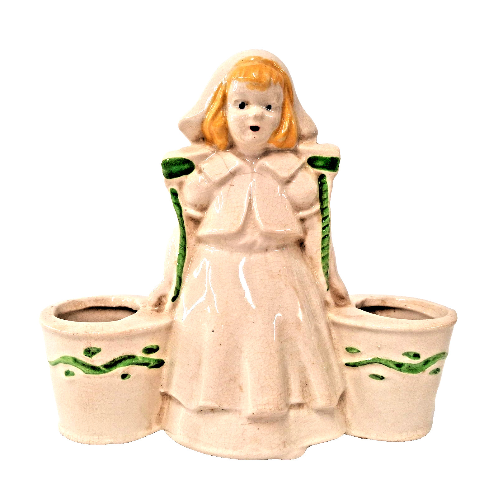 Vintage Dutch Girl Double Planter Figurine Holland Ceramic Mid Century AS IS