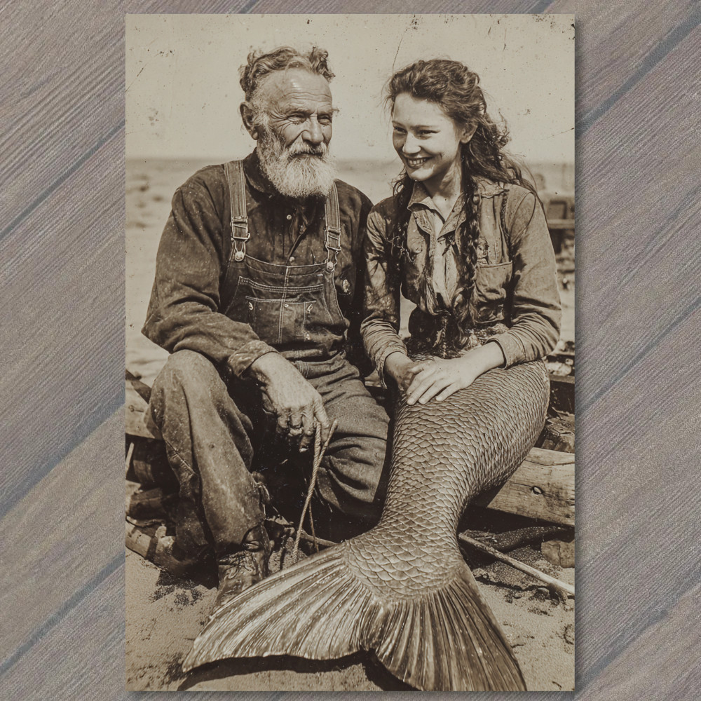 POSTCARD Mermaid Fisherman Seaside Portrait Surreal Mythic Folklore Coastal