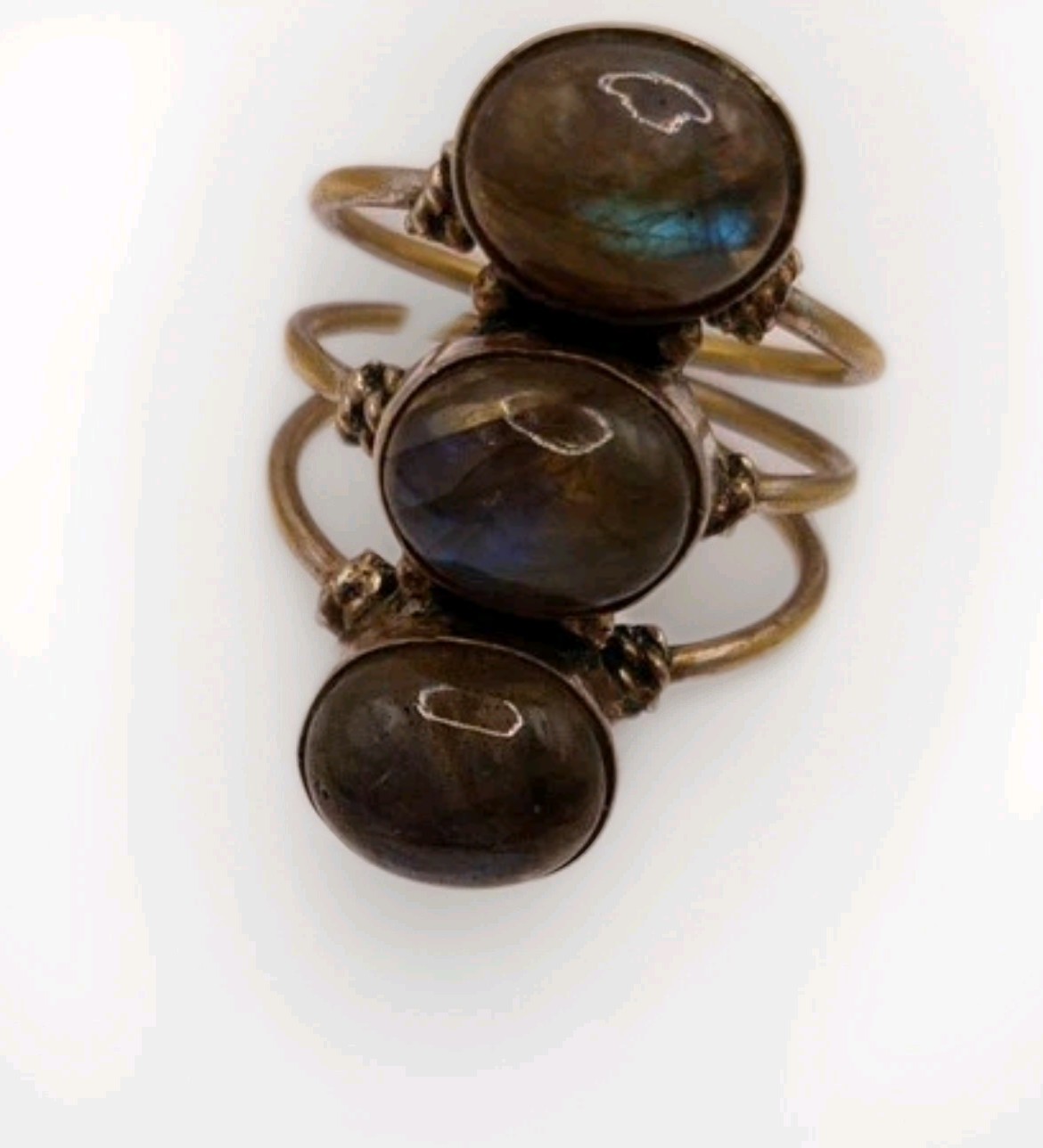 3 Stone Labradorite 3 In One Ring Brass Statement Ring Size 8 Silver Plated