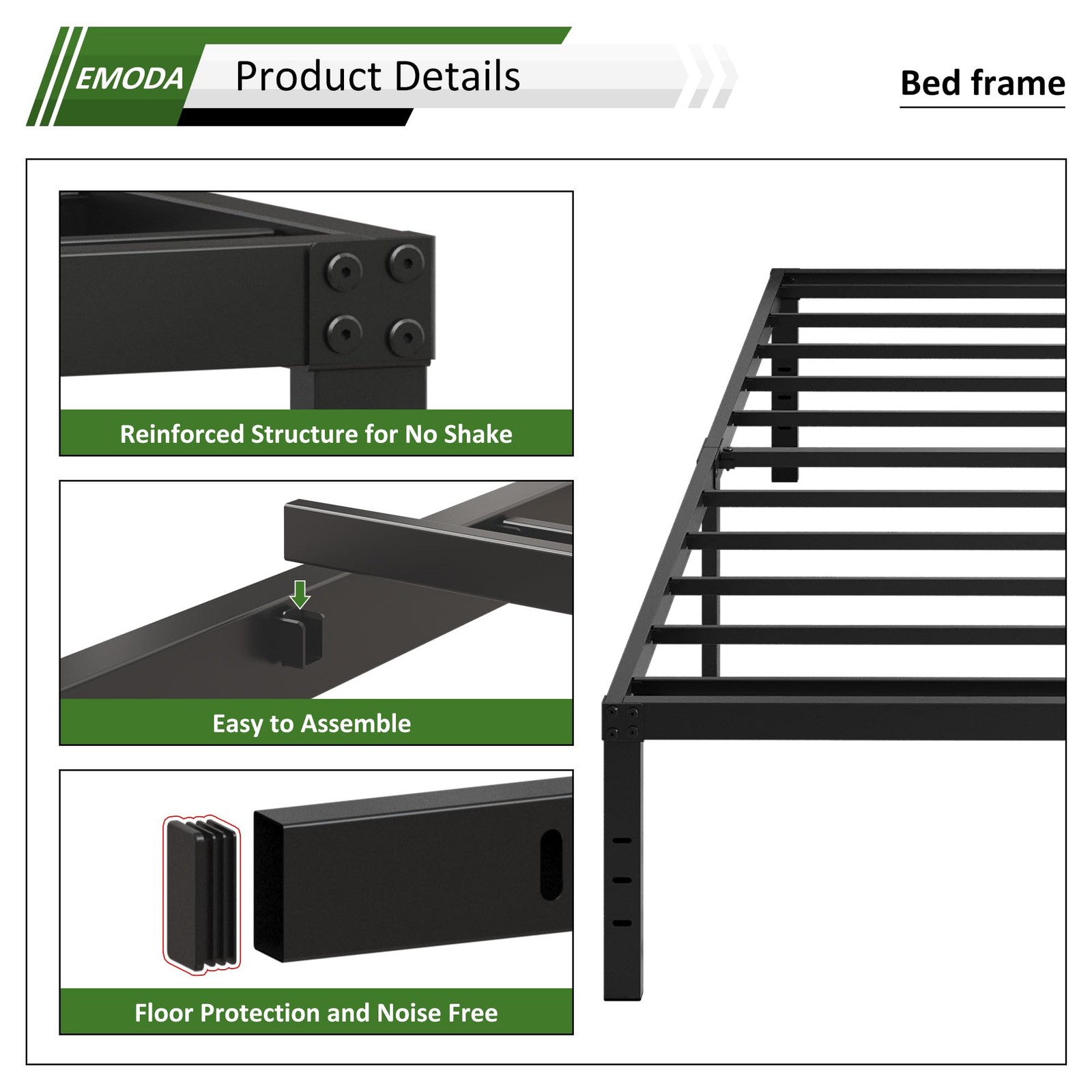 Queen Bed Frame, 18 Inch Metal Platform, No Box Spring, Storage, Black