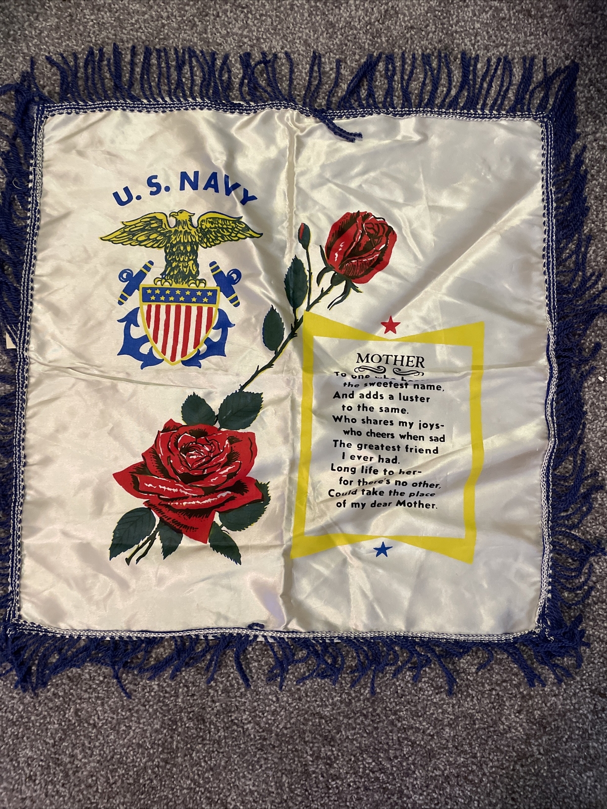 Vintage U. S. “United States Navy Mother”  Pillow Slip Cover Blue Fringe Satin