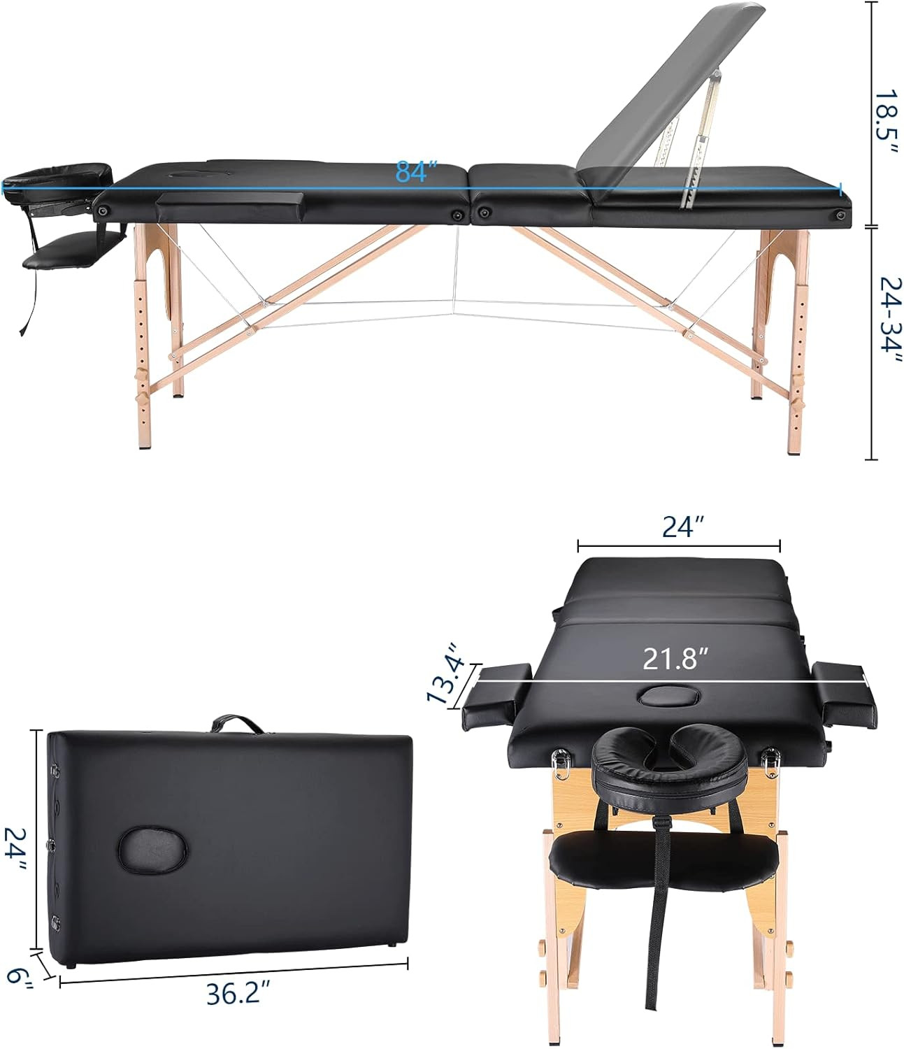 Portable 3-Section Massage Table with Adjustable Height & Accessories - Black