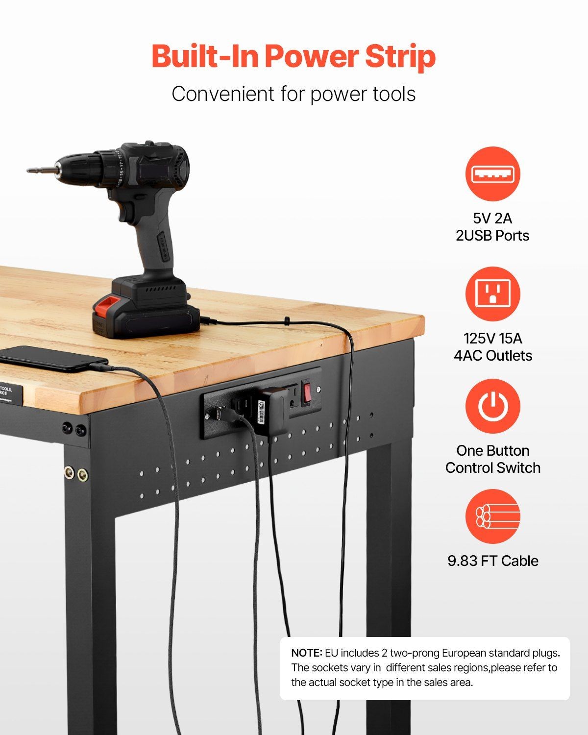 48in 2000lb Heavy Duty Workbench with Power Outlet & Pegboard, Adjustable