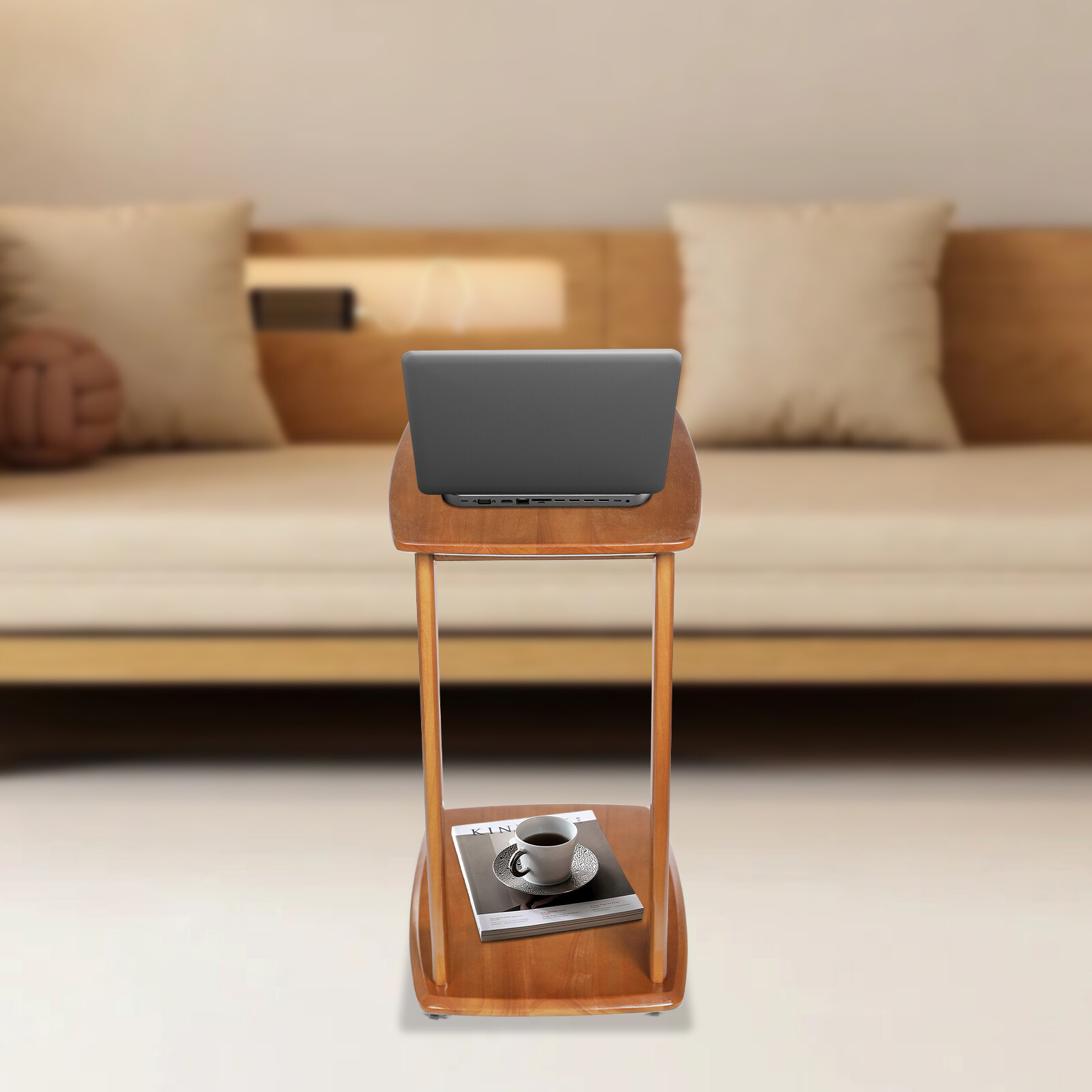 C-Shaped Side Table Floor Standing Solid Wood End Table With Wheels 24.8 inches