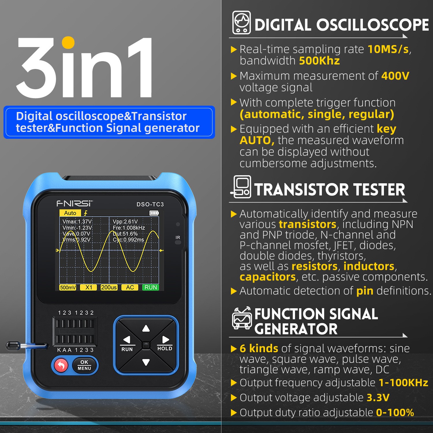 DSO-TC3 500kHz Handheld Digital Oscilloscope Transistor Tester Signal Generator