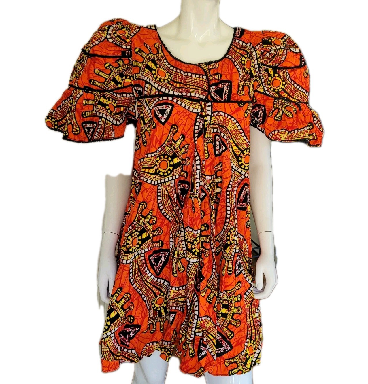 African Wax Print Swing Dress M Orange Black Gold Statement Puff Sleeve Handmade