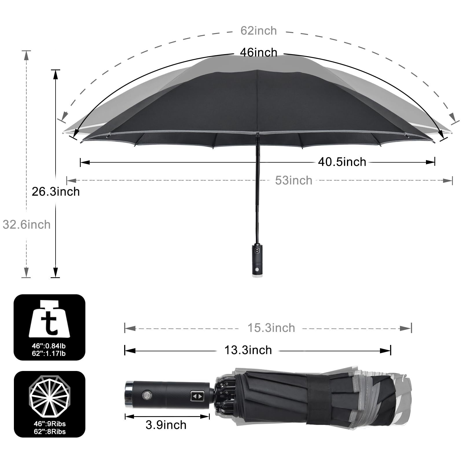Folding Reverse LED Umbrella - Upside Down Reflective Umbrellas Compact Inverted