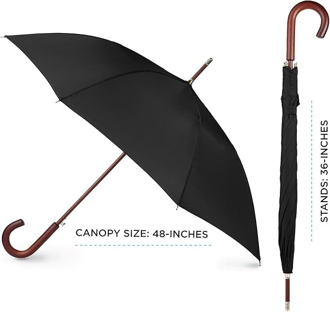 Classic Umbrella Automatic Open Wooden Stick Windproof Folding Rain Black Strong