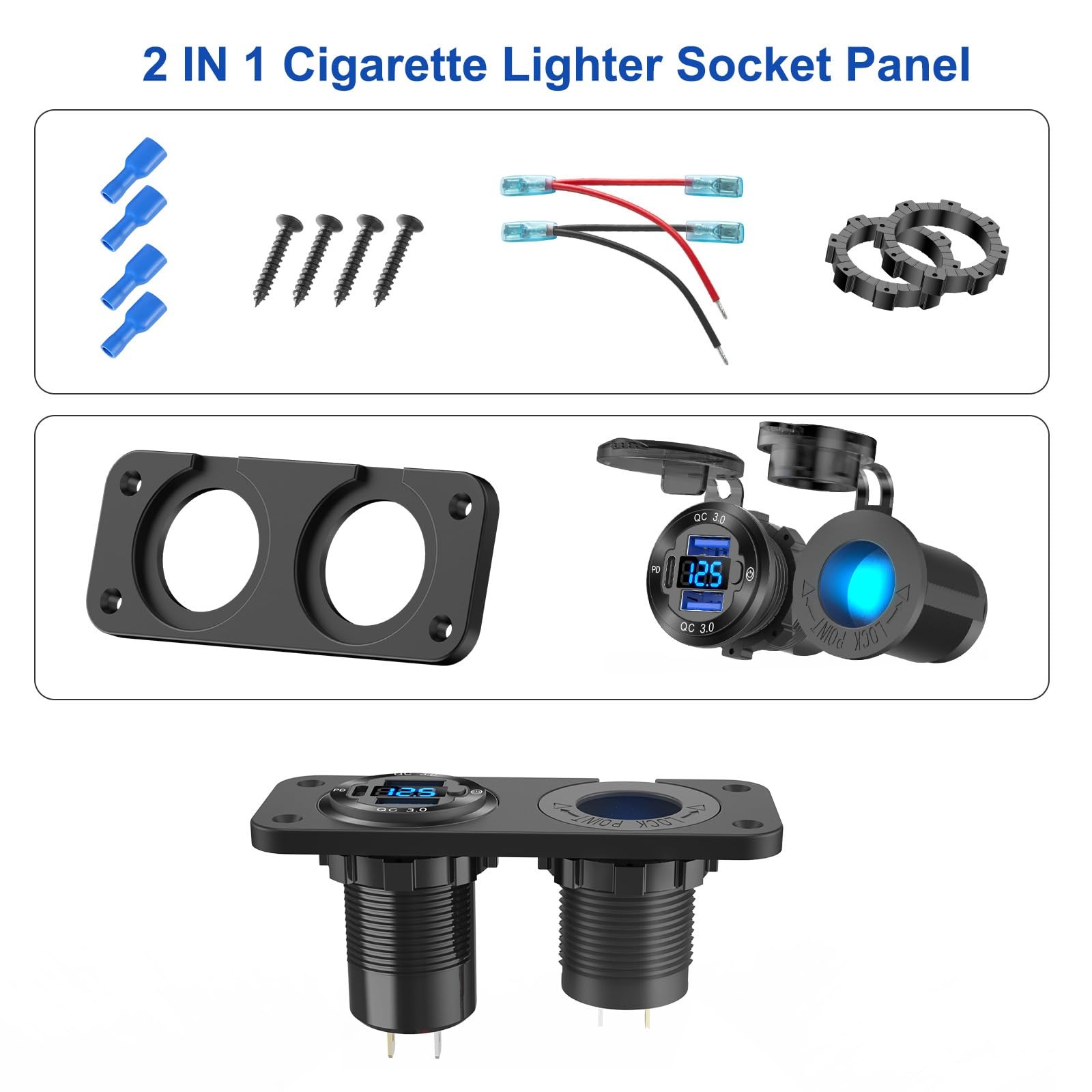 12V USB Outlet Marine Switch Panel Plug, PD3.0 and Dual QC3.0 Charger+Socket