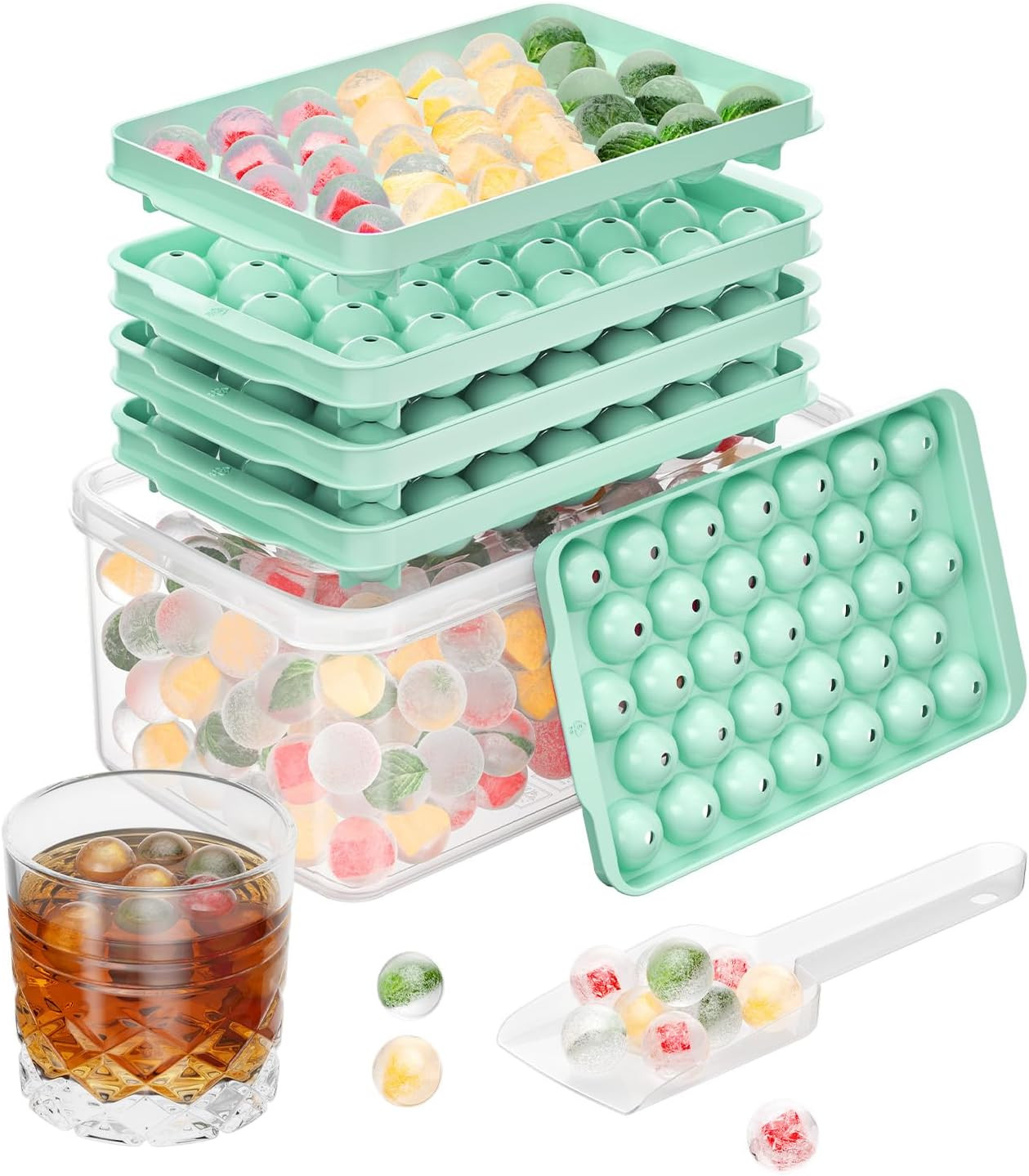 3 Pack Ice Trays for Freezer, 99 PCS Ice Cube Tray with Lid and Bin, Round Ice C