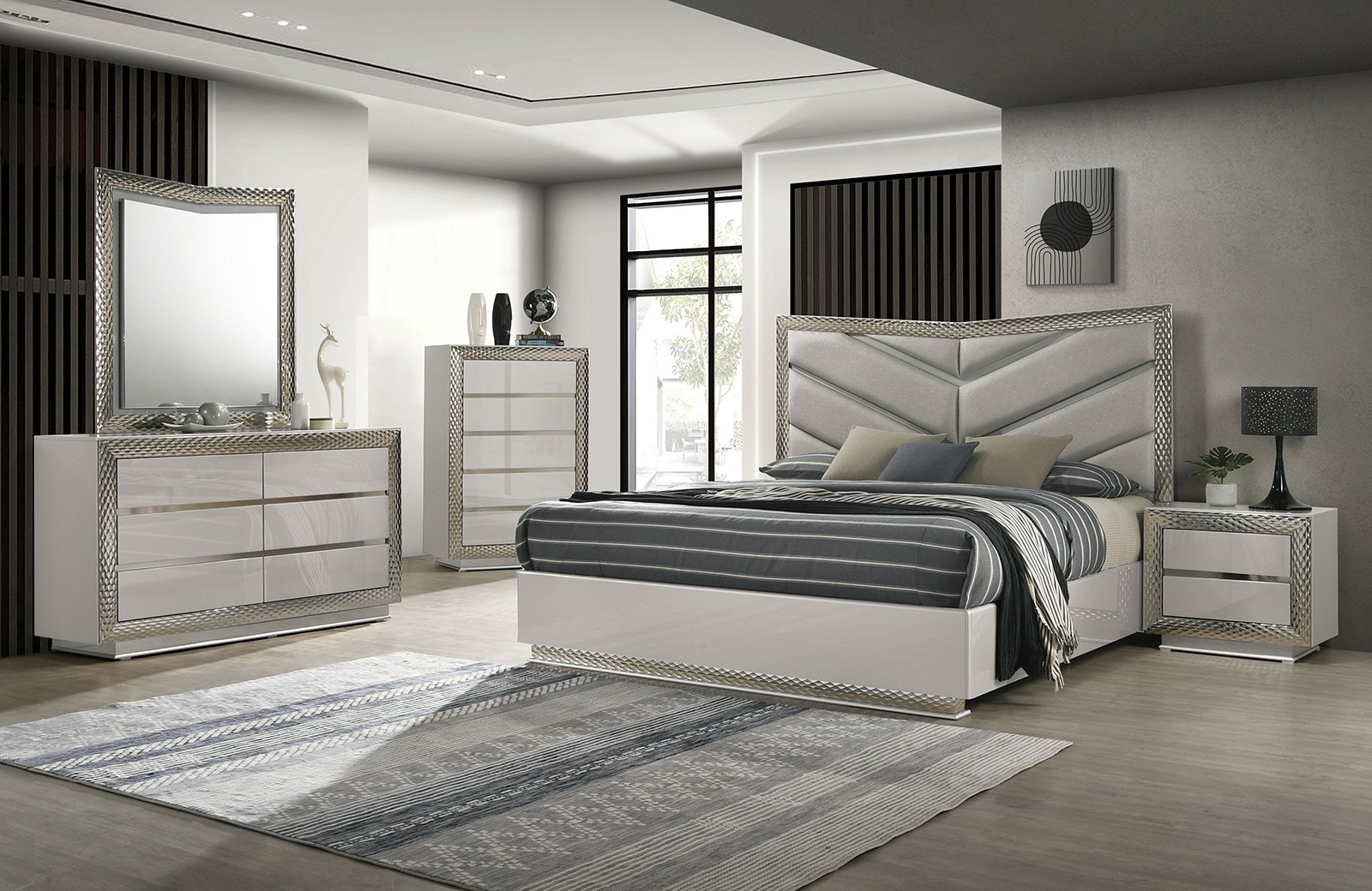 Glam Style Eastern King Size 4pc Bed dresser Mirror Nightstand Set Gray Finish