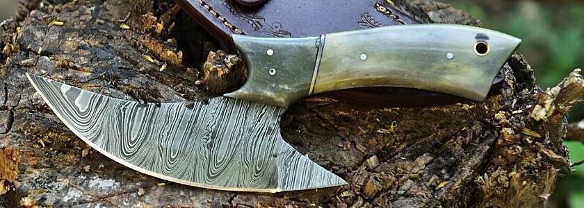 Damascus hunting fixed Ulu blade Skinner  knife Full Tang Camel Bone Handle