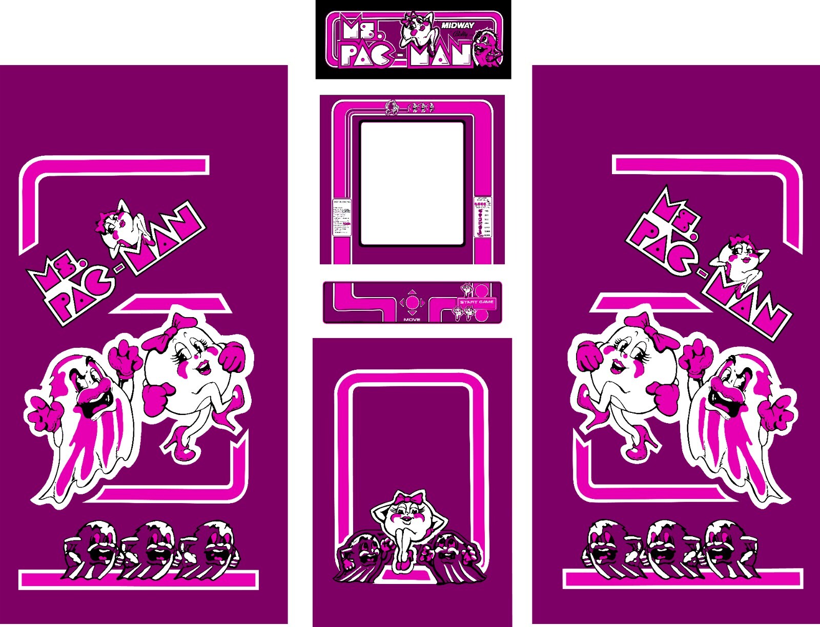 Ms Pac Man Arcade 6 Pc Set Side Art Kickplate Custom Purple Graphics
