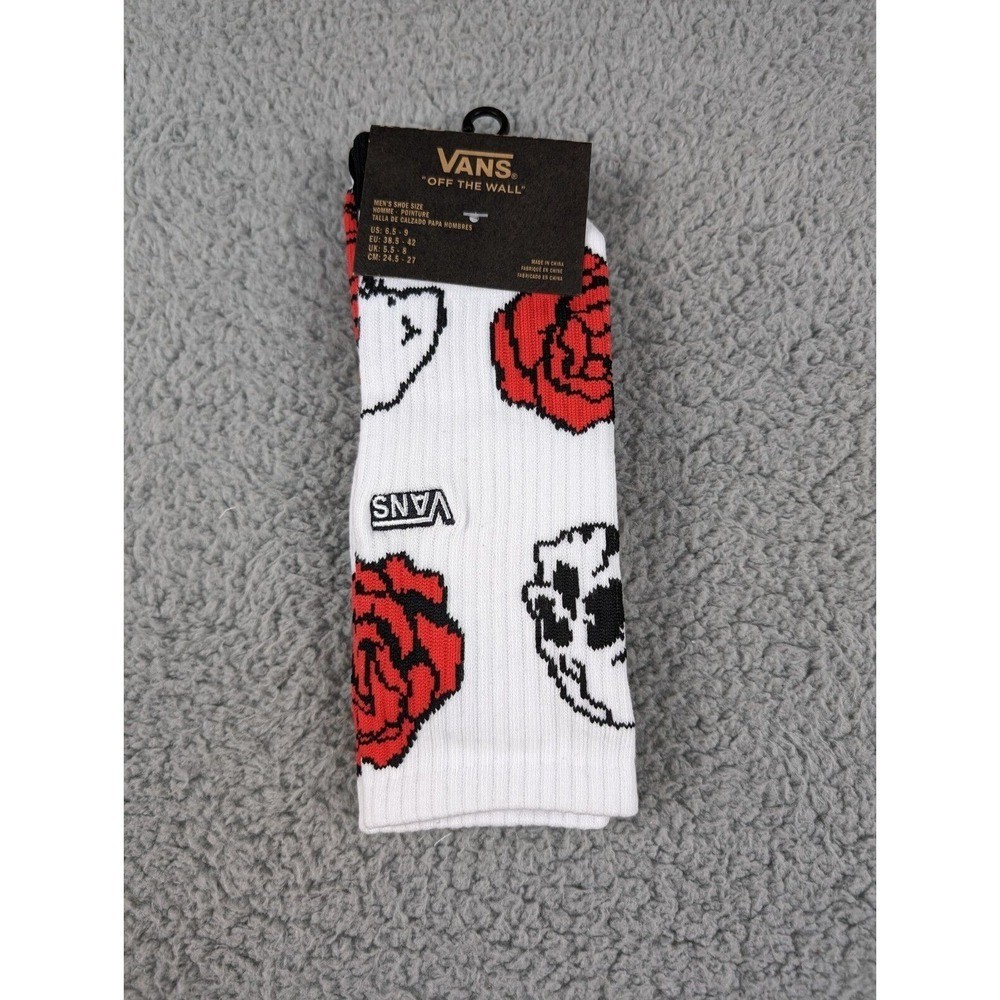 Vans Crew Socks Mens Womens 6.5-9 White Skull Red Roses Logo All Over Print New