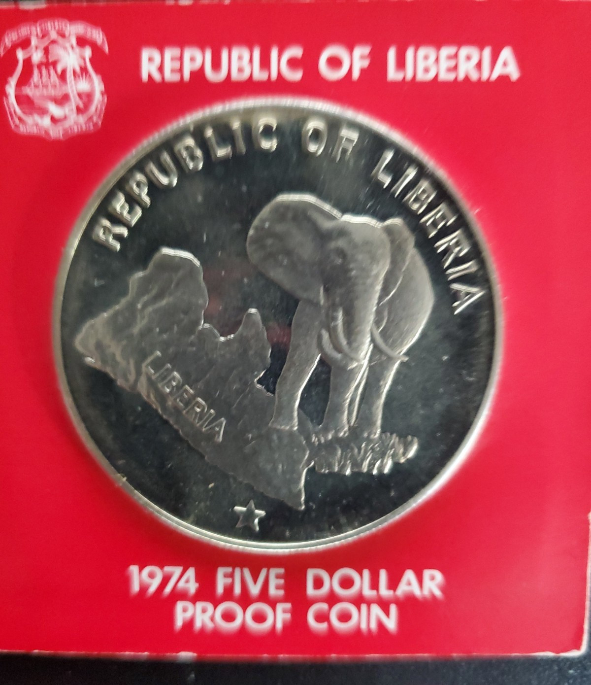 1974 Liberia Bull African Elephant Silver Proof 1 Troy oz .9 Fine Silver $5 Coin