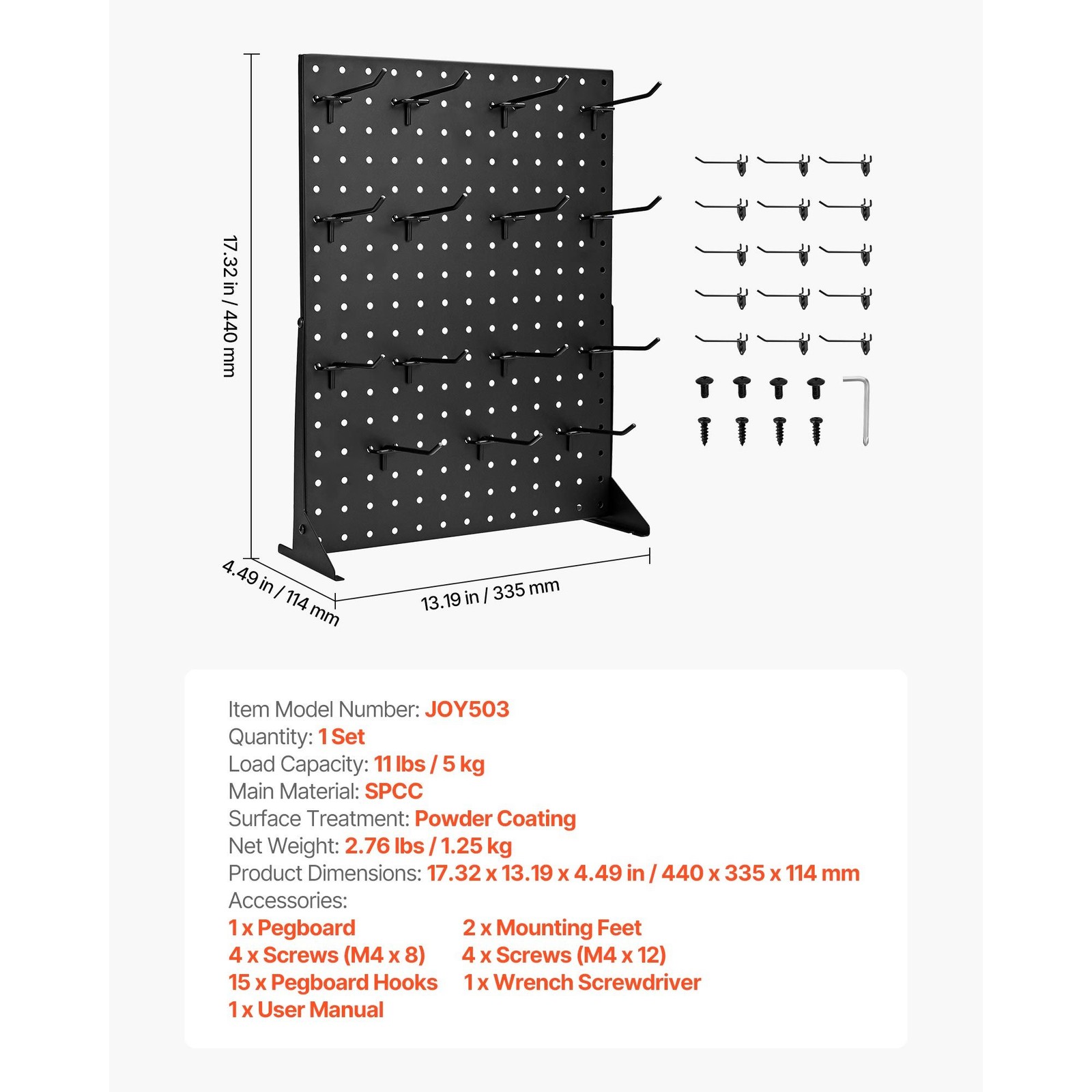 Tabletop Pegboard Stand: Cold-Rolled Steel, 15 Hooks, Black
