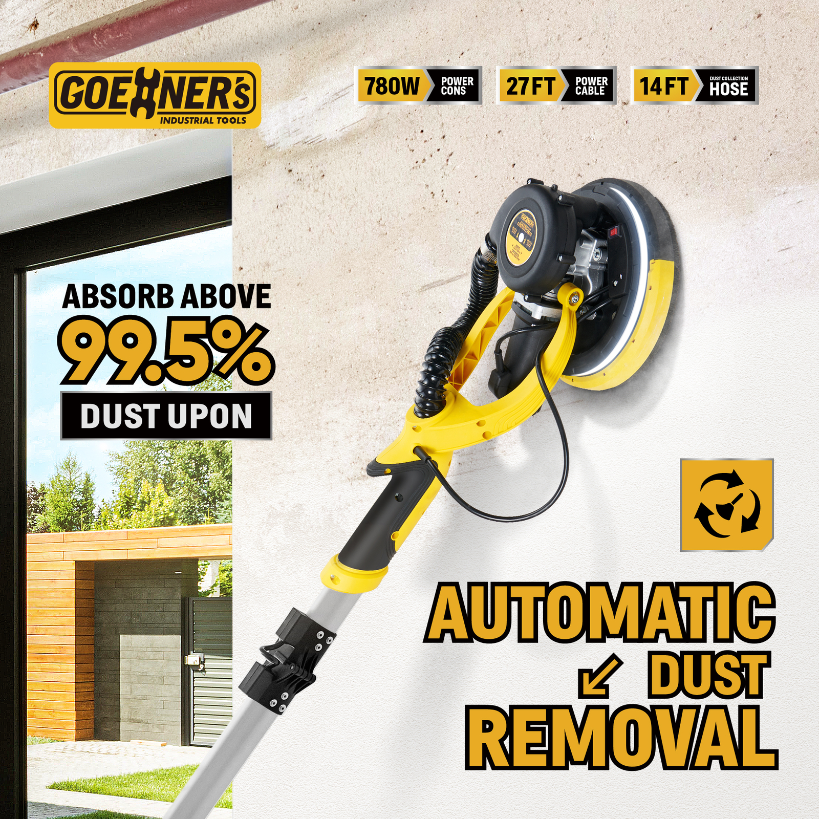 Electric Drywall Sander +Vacuum 7 Variable Speed For Ceiling Sanding LED Light