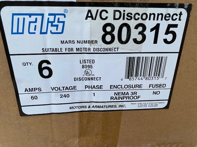 (Case of 6) Mars 80315 Non-fusible Disconnect Switch, 60a, 240v (NEW)