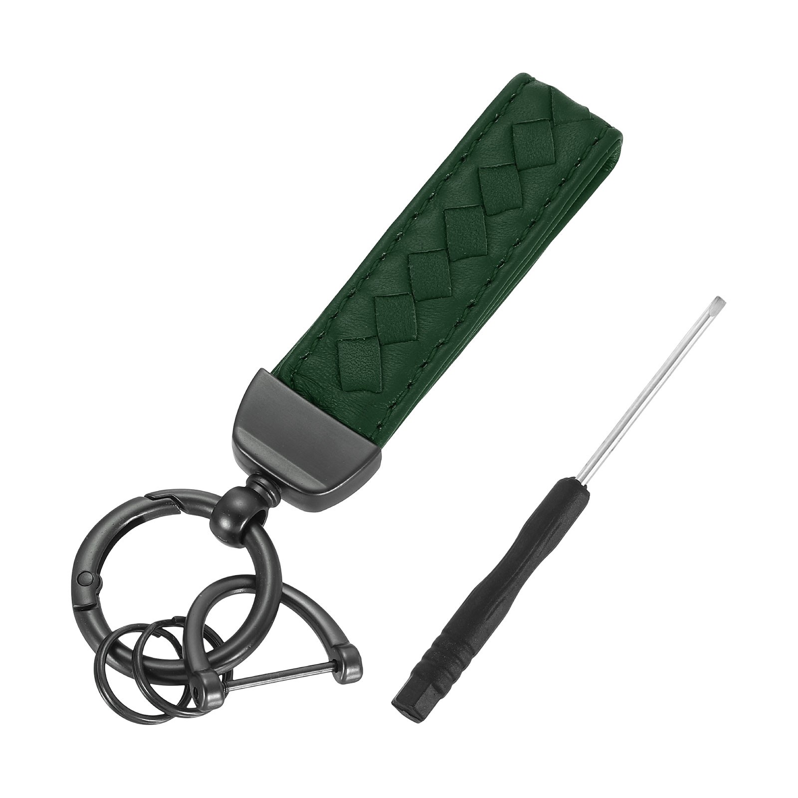 Leather Car Keychain, 5" Key Chain with D Ring and Dark Gray Key Ring, Green