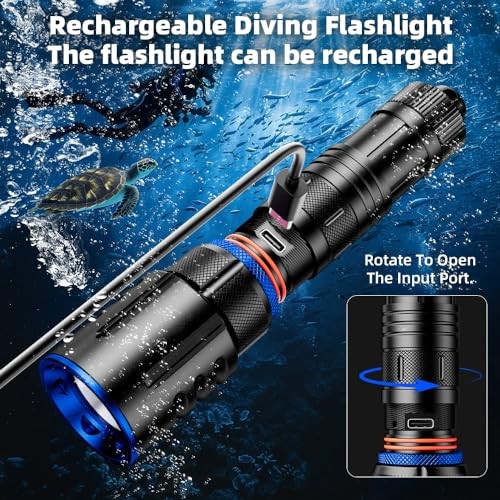 Scuba Diving Flashlight Dive Torch,High Lumens Black With Blue Accent