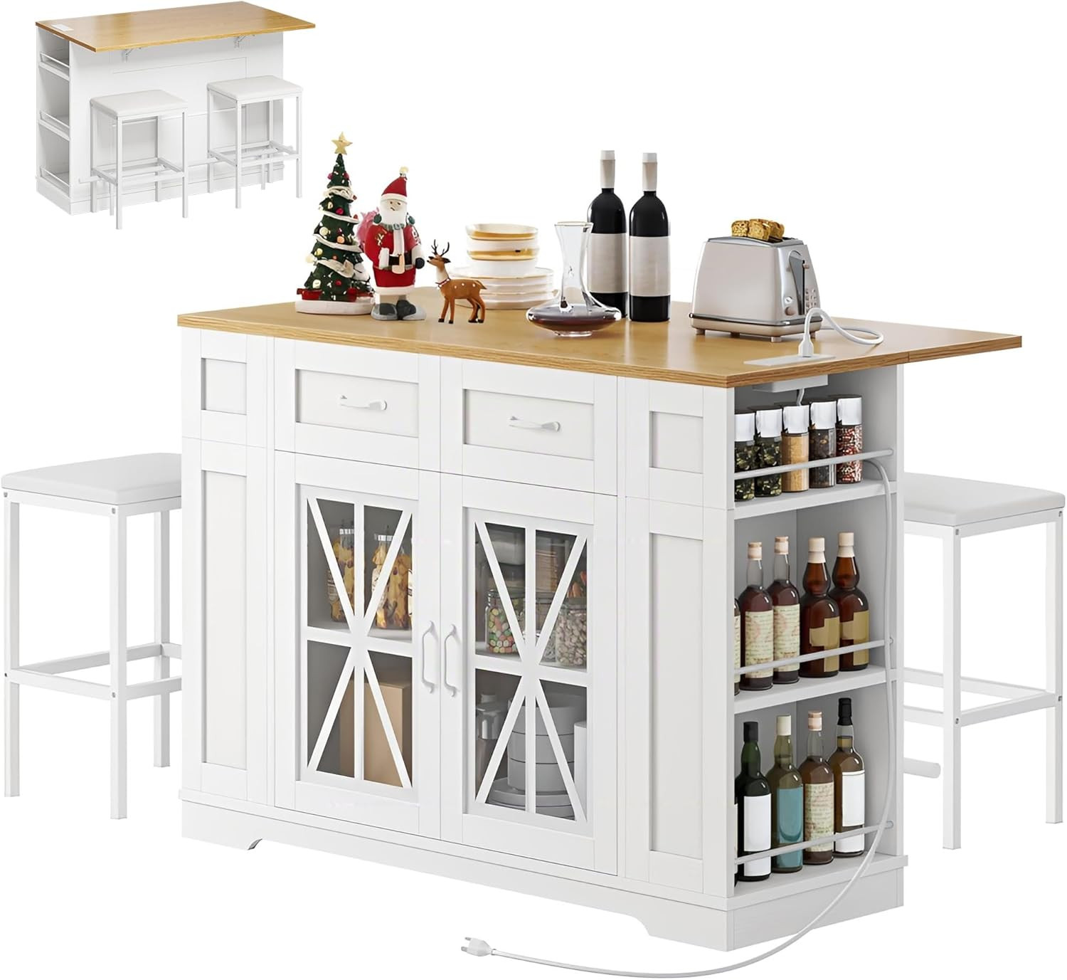 47" Kitchen Island with Seating, Drop Leaf & Power Outlet, White Oak