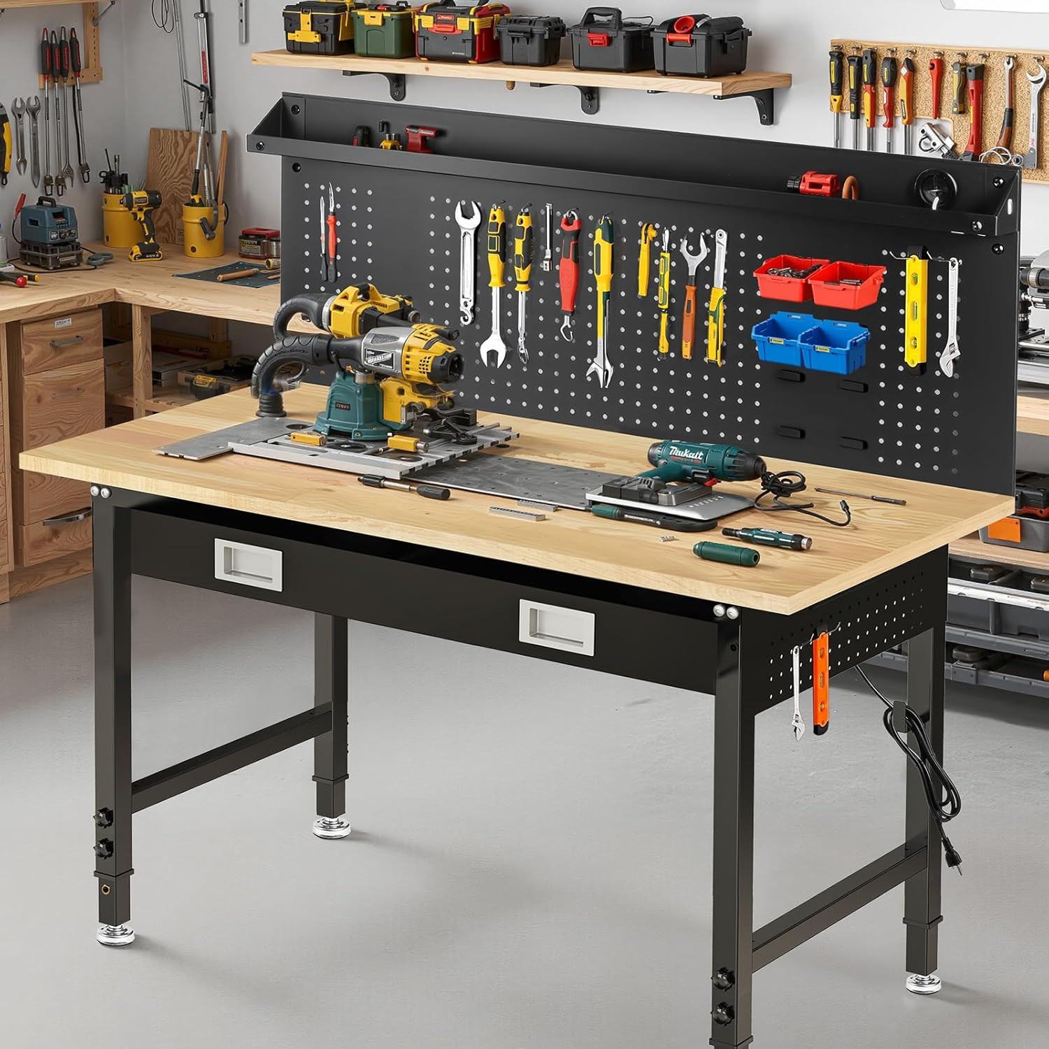 60" Adjustable Work Bench with Drawers, Workbench for Garage with Strip Light, W
