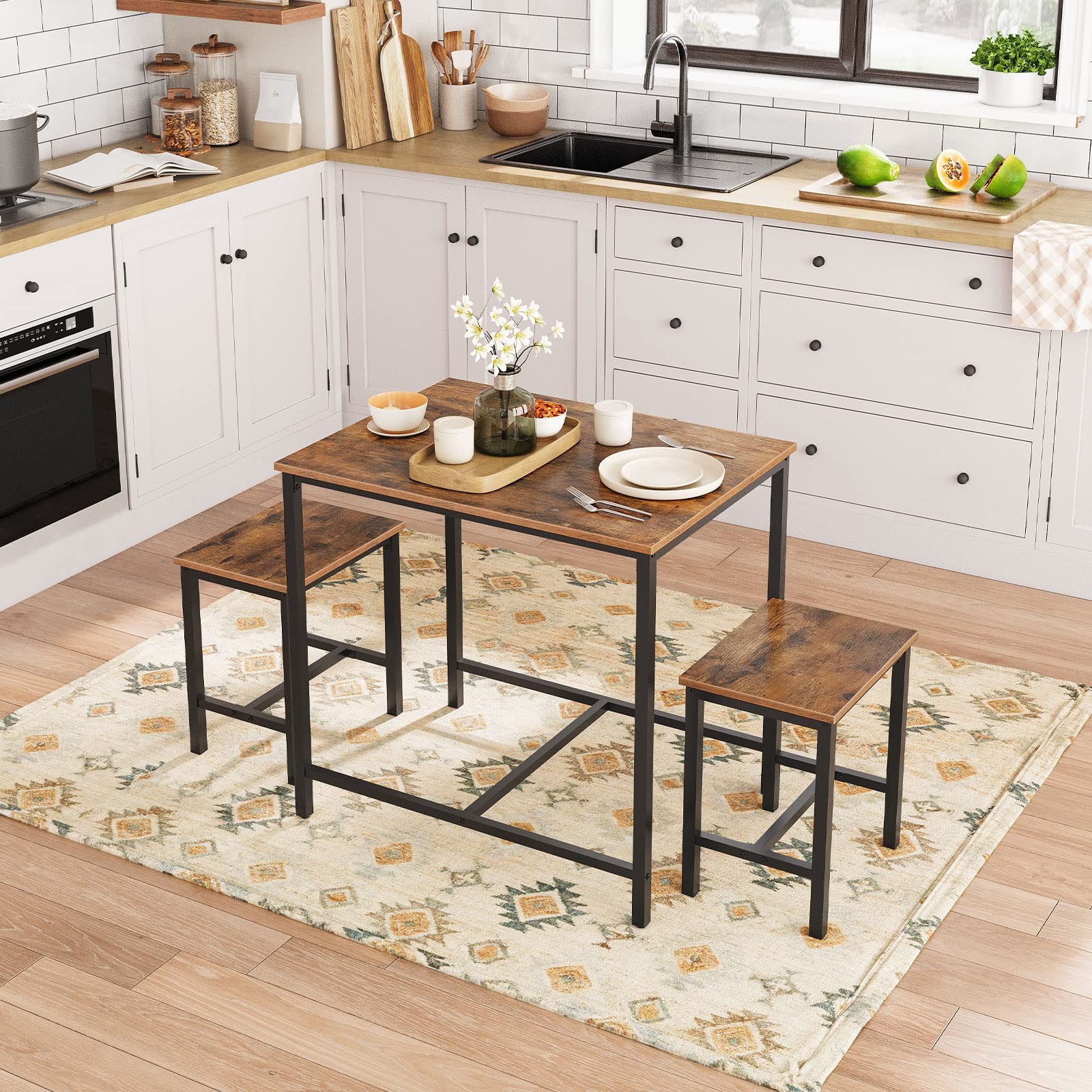3-Piece Industrial Dining Table Set, Kitchen Table, Space Saving Dinette for ...